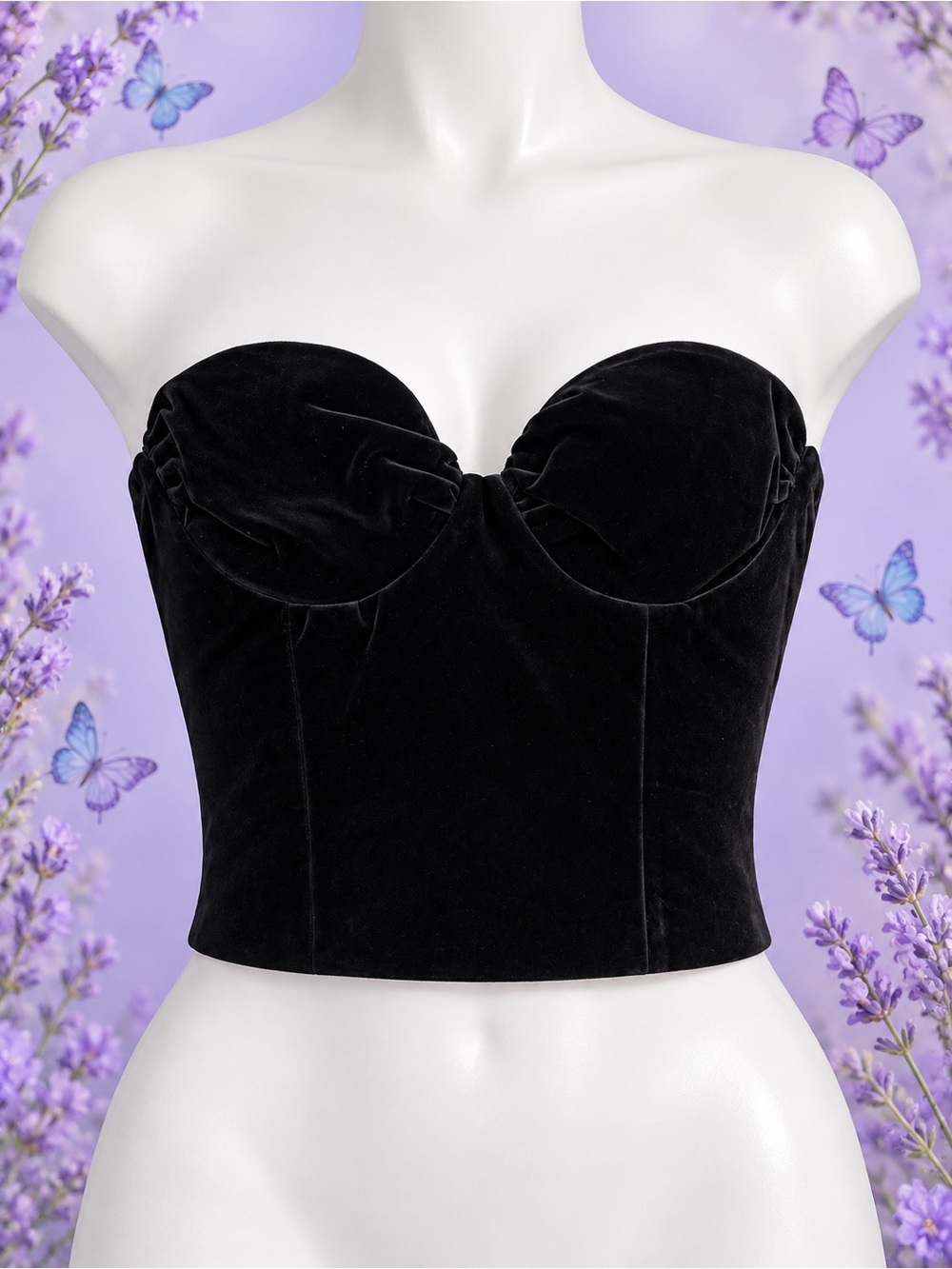Strapless Velvet Bandeau Crop Top - Black
